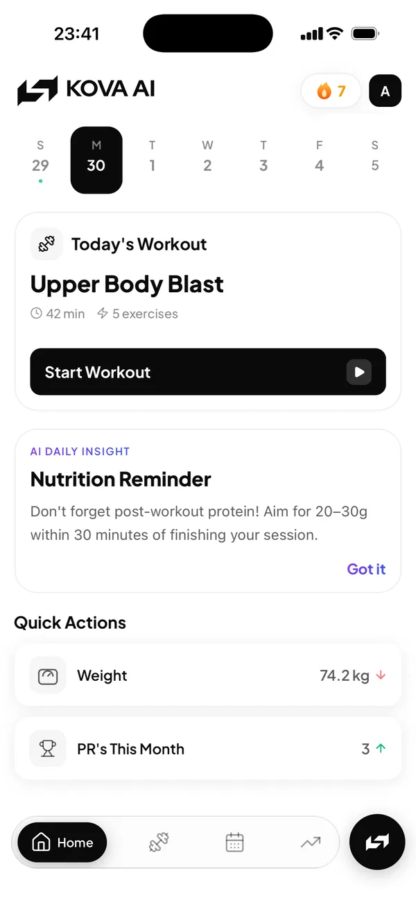 Kova AI home screen showing today's adaptive workout plan and progress